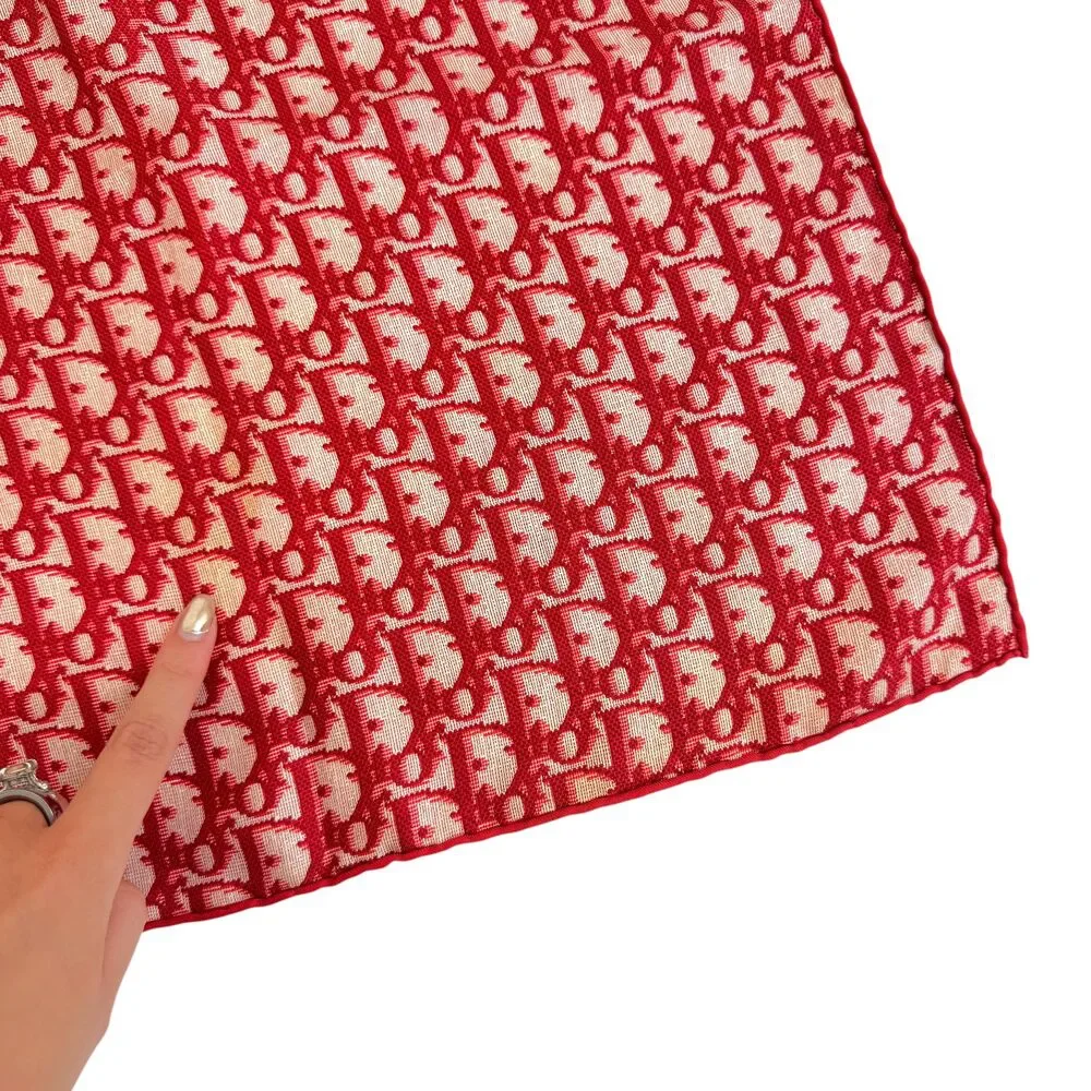 Christian Dior Red Trotter Monogram Print Square Silk Scarf